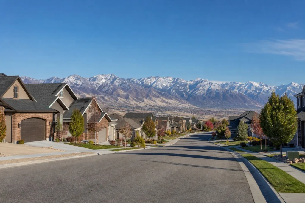 Wide residential neighborhood street with homes and mountains in the background