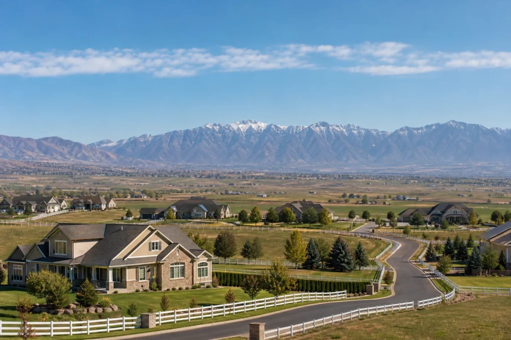 Rural suburban neighborhood in Bluffdale Utah with larger homes and open mountain views