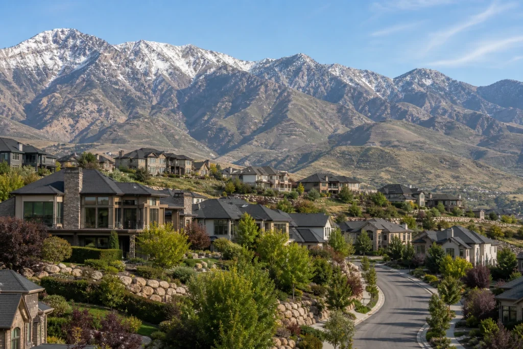 Upscale hillside residential neighborhood in Draper Utah with Wasatch mountain views