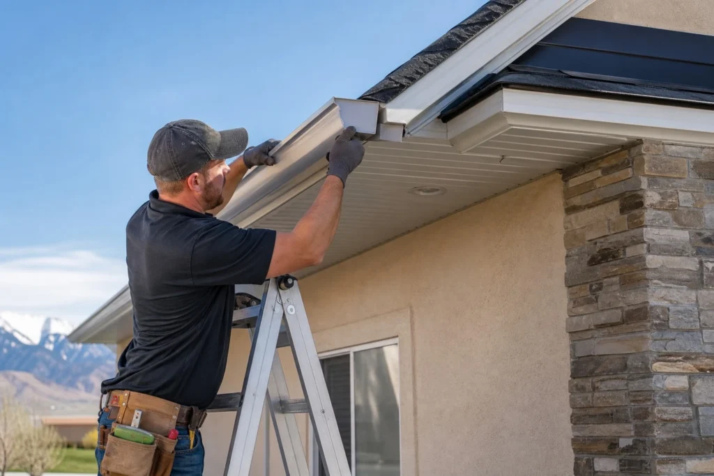 Technician installing aluminum gutters on a residential home in South Valley Utah