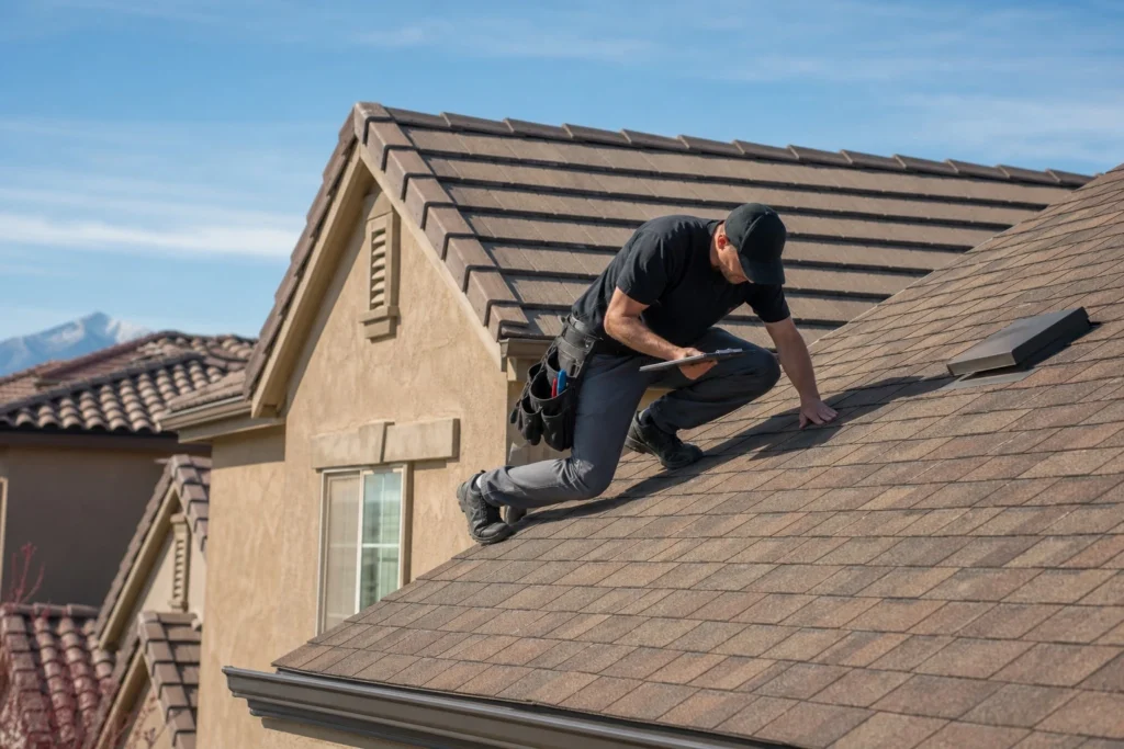 Roofing professional inspecting a residential roof in South Valley Utah