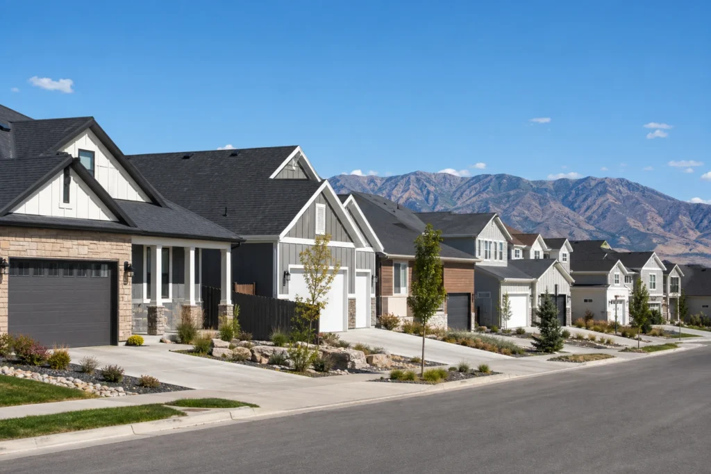Residential neighborhood in Herriman Utah with newer homes and mountain views