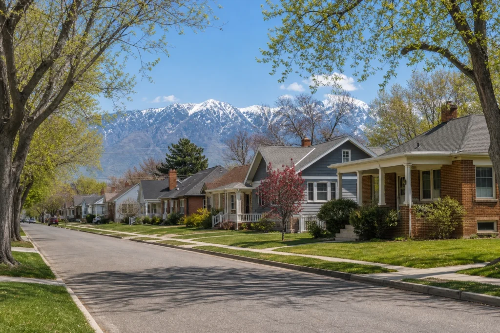 Older established neighborhood in Midvale Utah with compact homes and tree-lined street