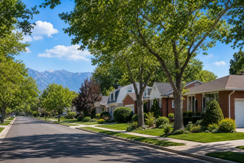 Well-kept residential neighborhood in Murray Utah with leafy trees and suburban homes