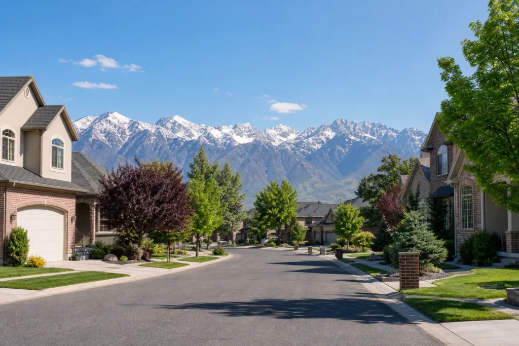 Quiet suburban street in Riverton Utah with homes, trees, and mountain views