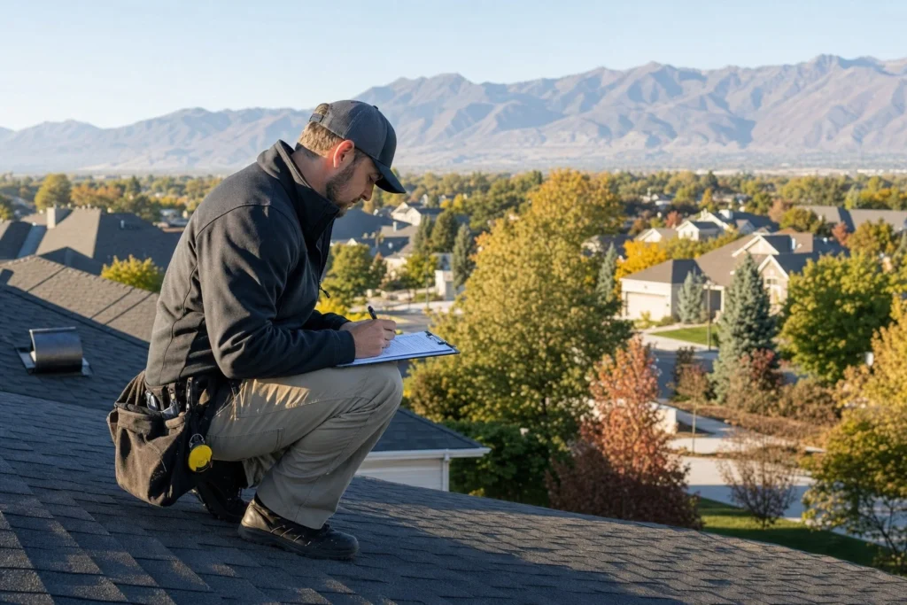 Roofing professional taking notes during a roof inspection in South Valley Utah