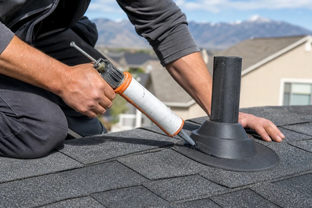 Roofer sealing a roof vent during leak repair on a South Valley Utah home