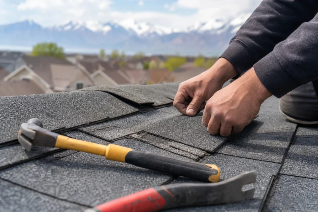 Hands replacing damaged shingles during residential roof repair in South Valley Utah