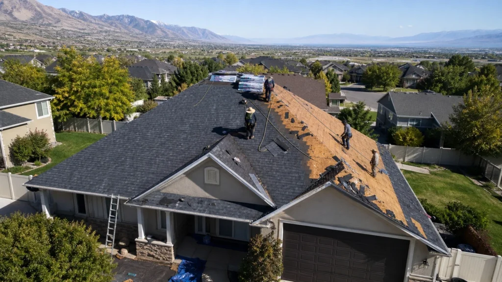 Residential roof replacement underway on a South Valley Utah home