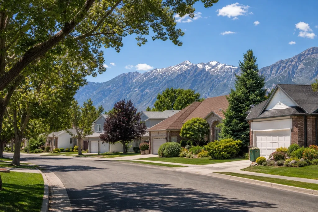 Established suburban neighborhood in Sandy Utah with mature trees and mountain views