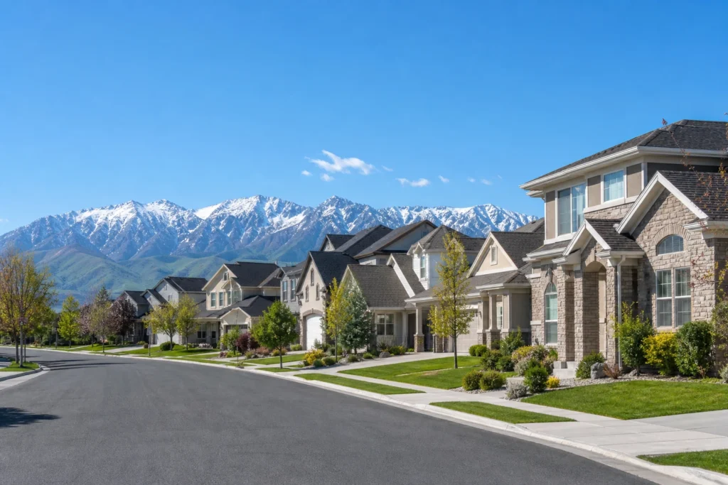 Established residential neighborhood in South Jordan Utah with homes and mountain views