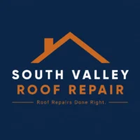 Roof repair logo with copper roof icon on a navy background