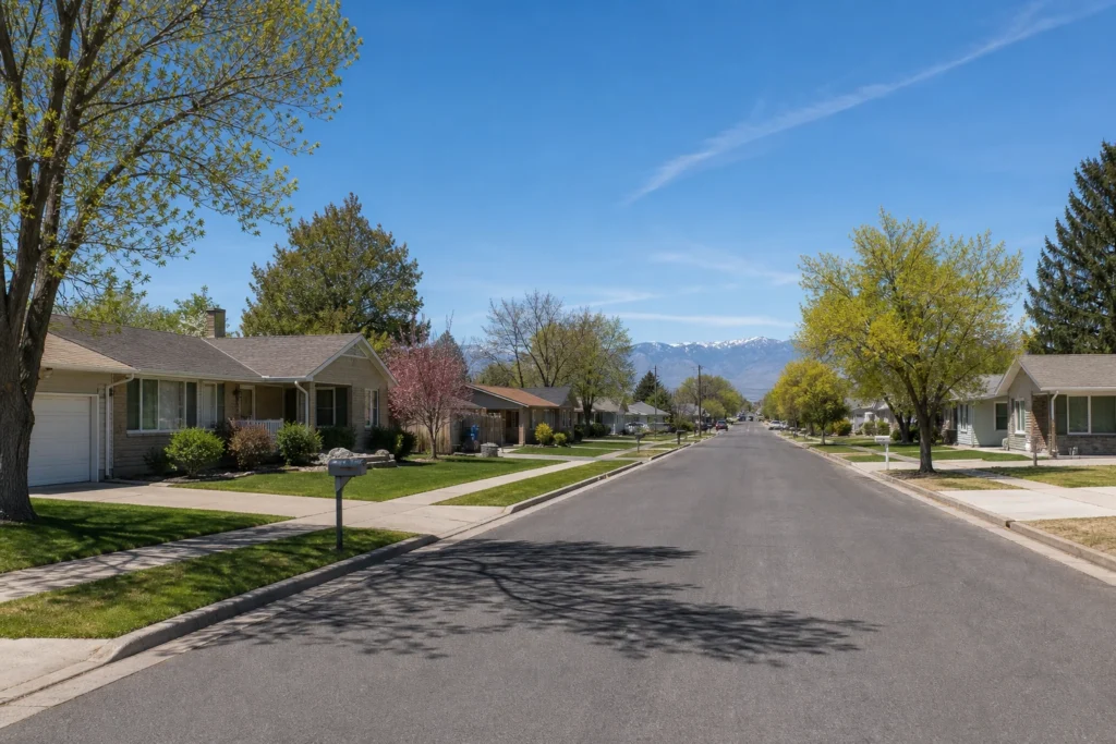 Modest suburban neighborhood in Taylorsville Utah with ranch-style homes and wide street