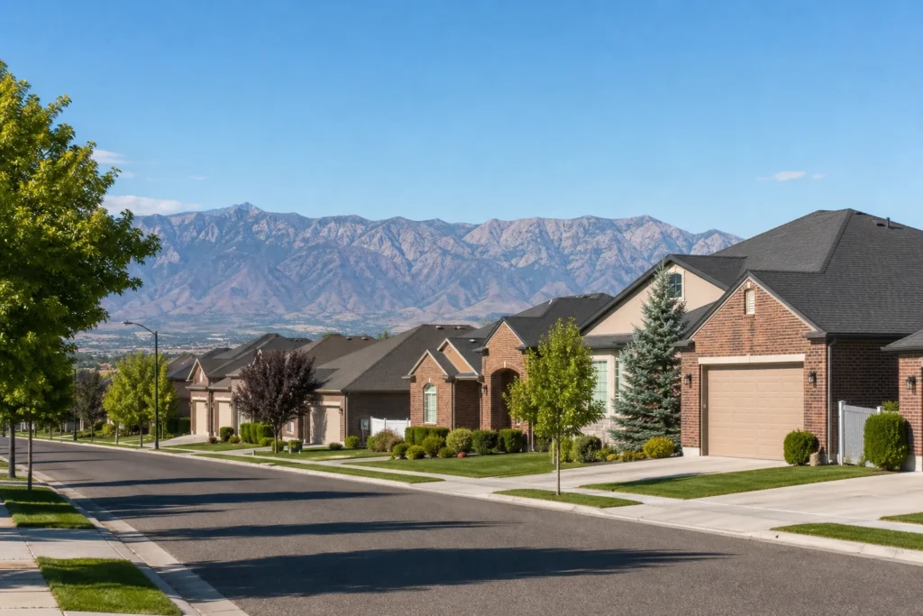 Residential street in West Jordan Utah with brick and stucco homes near the mountains